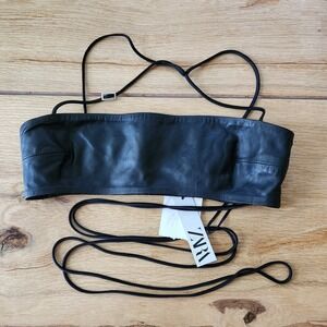 Zara + KAIA Leather Crop Top With Ties Size Small Black Sheepskin Bra Top NWT
